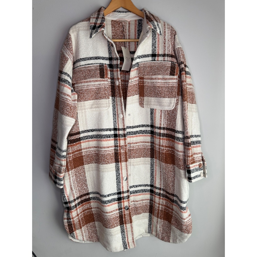 CALIA Womens XXL Long Shacket Light Sand Plaid Button Front Jacket WAX36028P
